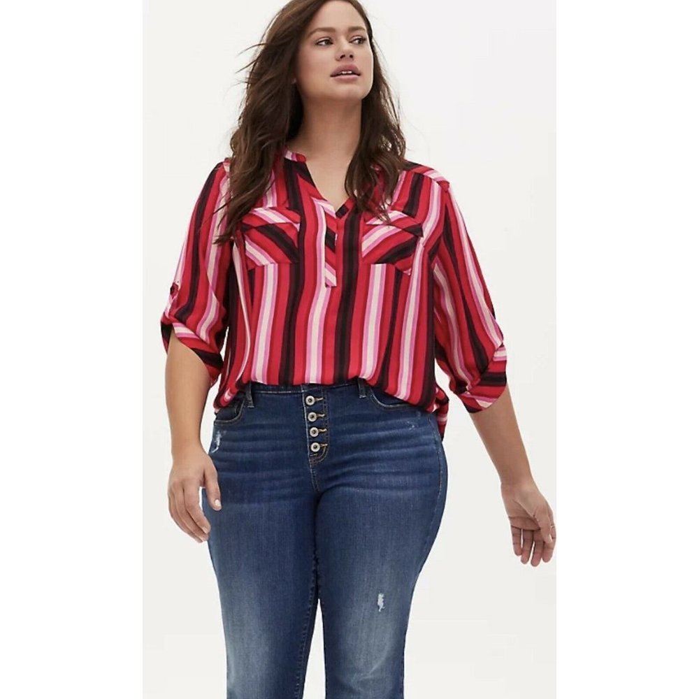 TORRID 5 5X HARPER RED & PINK STRIPE GEORGETTE PULLOVER BLOUSE